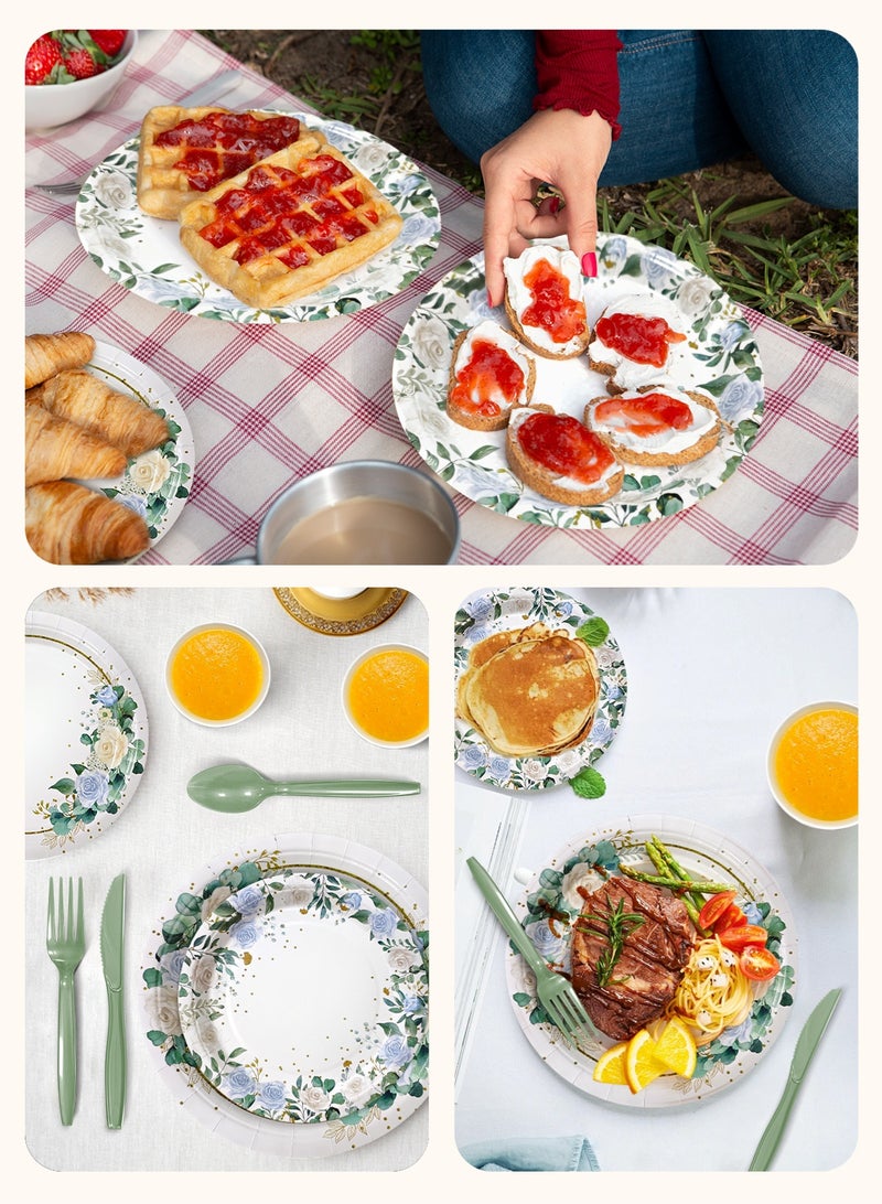 HomarKet 200PCS Disposable Dinnerware Set,25 Guest Party Supplies Dinner Set Include Paper Plates Napkin Cup Straw Plastic Spoon Fork Knive for Baby Shower,Wedding,Birthday (Elegant leaves&Flowers) - Image 5